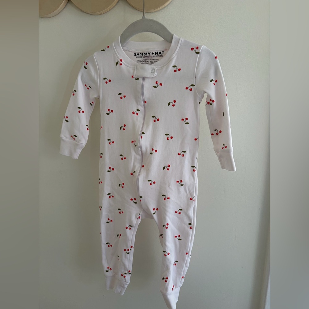 Sammy + Nat White Footie with Red Cherry Pattern